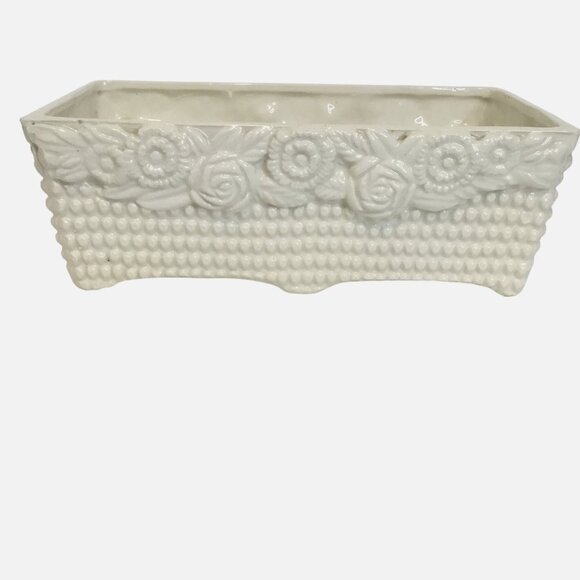 VTG Made in Japan Floral Ivory Planter Rectangular Cachepot 10” MCM Roses Beaded - Picture 2 of 10